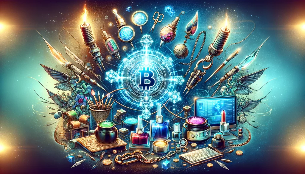 DALL·E 2024 03 12 12.26.41 Create a wide engaging image that illustrates the seamless integration of tattoo art with blockchain technology for the digital age. The visual shoul Descubre como funciona la tecnología blockchain con el arte del tatuaje
