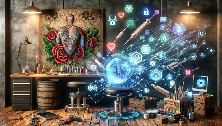 DALL·E 2024 03 12 11.59.28 A wide engaging image showcasing the concept of tattoo art merging with NFT technology. The scene illustrates a fusion of traditional tattoo elements